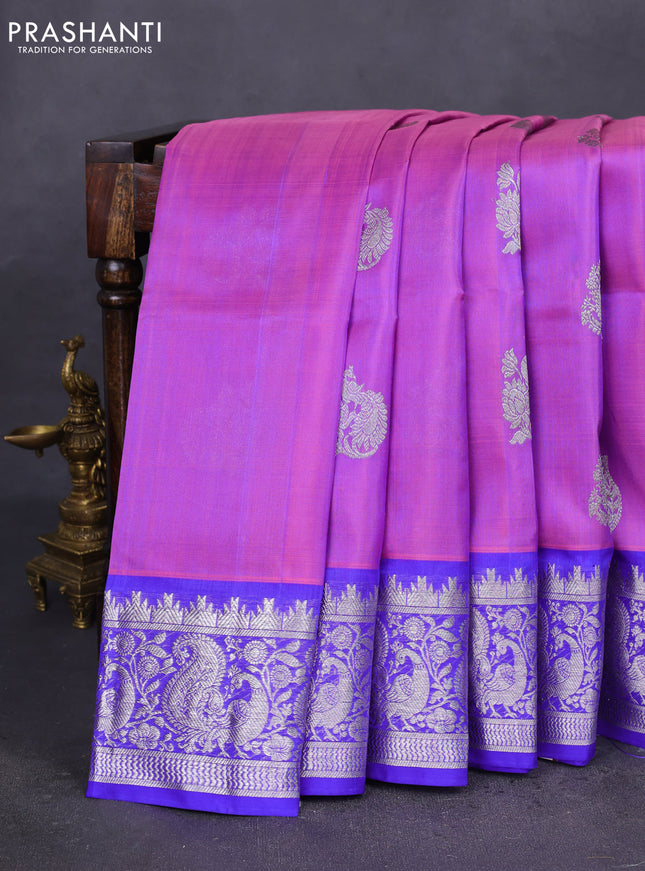 Venkatagiri silk saree dual shade of lavender and blue with silver zari woven buttas and peacock silver zari woven border