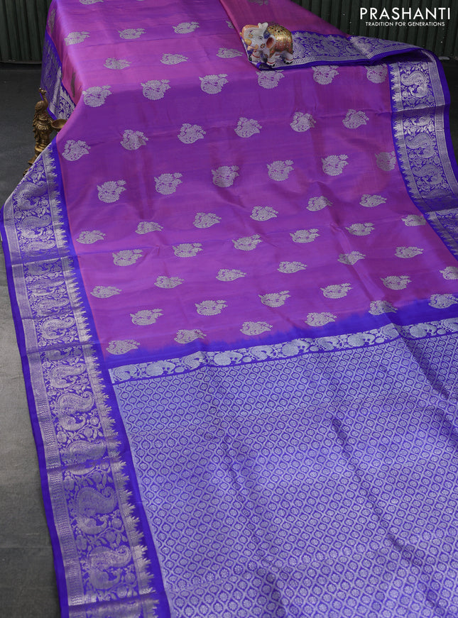 Venkatagiri silk saree dual shade of lavender and blue with silver zari woven buttas and peacock silver zari woven border