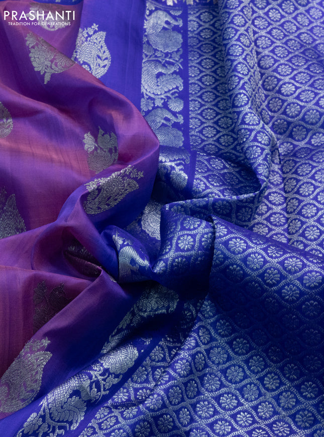 Venkatagiri silk saree dual shade of lavender and blue with silver zari woven buttas and peacock silver zari woven border
