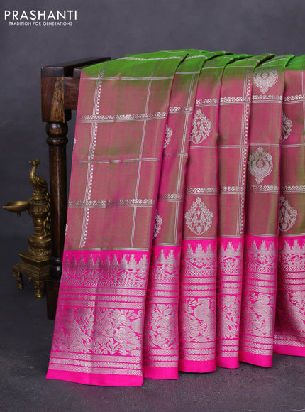 Venkatagiri silk saree dual shade of greenish pink and pink with allover zari checks & buttas and long rich zari woven border