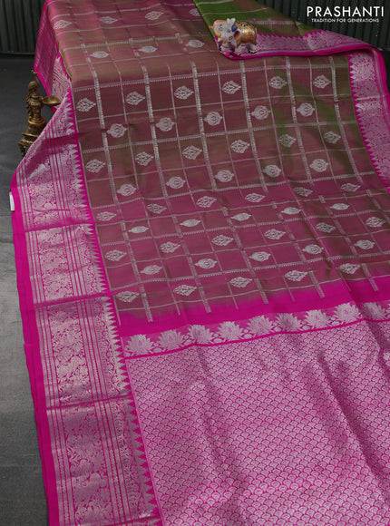 Venkatagiri silk saree dual shade of greenish pink and pink with allover zari checks & buttas and long rich zari woven border