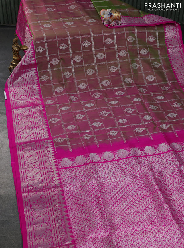 Venkatagiri silk saree dual shade of greenish pink and pink with allover zari checks & buttas and long rich zari woven border