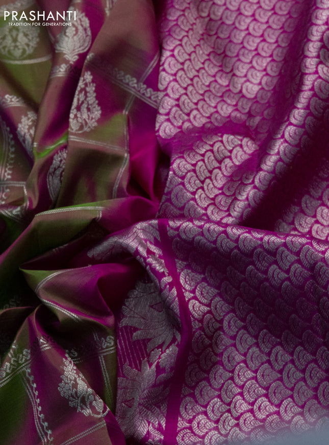 Venkatagiri silk saree dual shade of greenish pink and pink with allover zari checks & buttas and long rich zari woven border