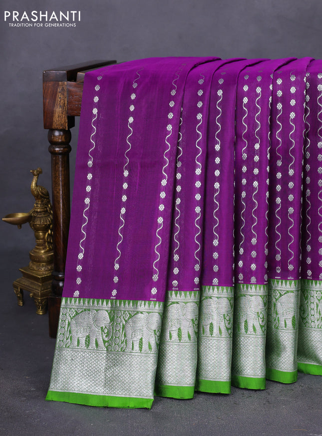 Venkatagiri silk saree purple and green with allover silver zari weaves and rich elephnat silver zari woven border