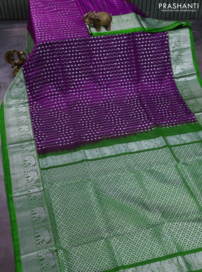 Venkatagiri silk saree purple and green with allover silver zari weaves and rich elephnat silver zari woven border