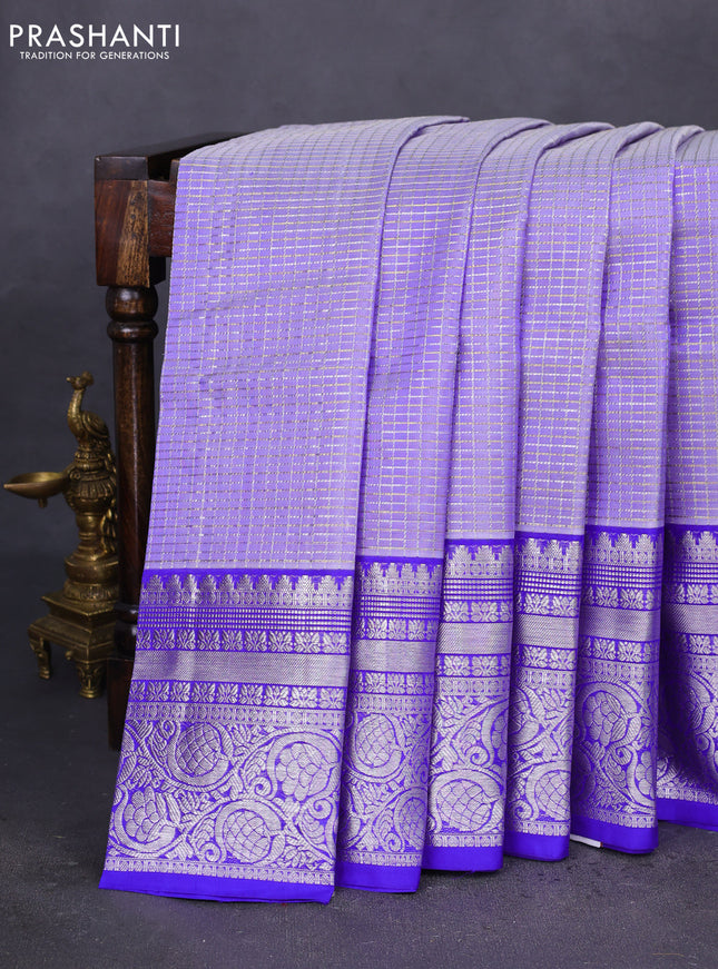 Venkatagiri silk saree lavender and blue with allover silver & gold zari checked pattern and long rich zari woven border