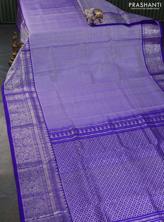 Venkatagiri silk saree lavender and blue with allover silver & gold zari checked pattern and long rich zari woven border
