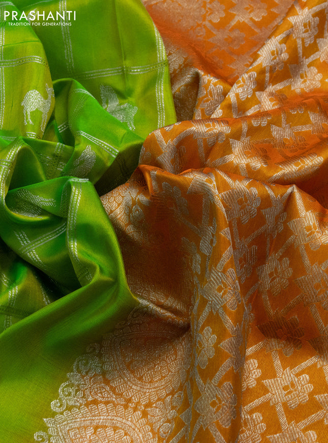 Venkatagiri silk saree light green and orange with allover silver zari checks & buttas and silver zari woven border