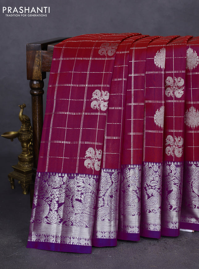 Venkatagiri silk saree magenat pink and purple with allover silver zari checks & buttas and long silver zari woven border
