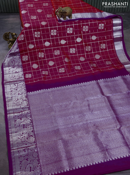 Venkatagiri silk saree magenat pink and purple with allover silver zari checks & buttas and long silver zari woven border
