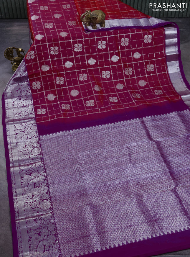 Venkatagiri silk saree magenat pink and purple with allover silver zari checks & buttas and long silver zari woven border