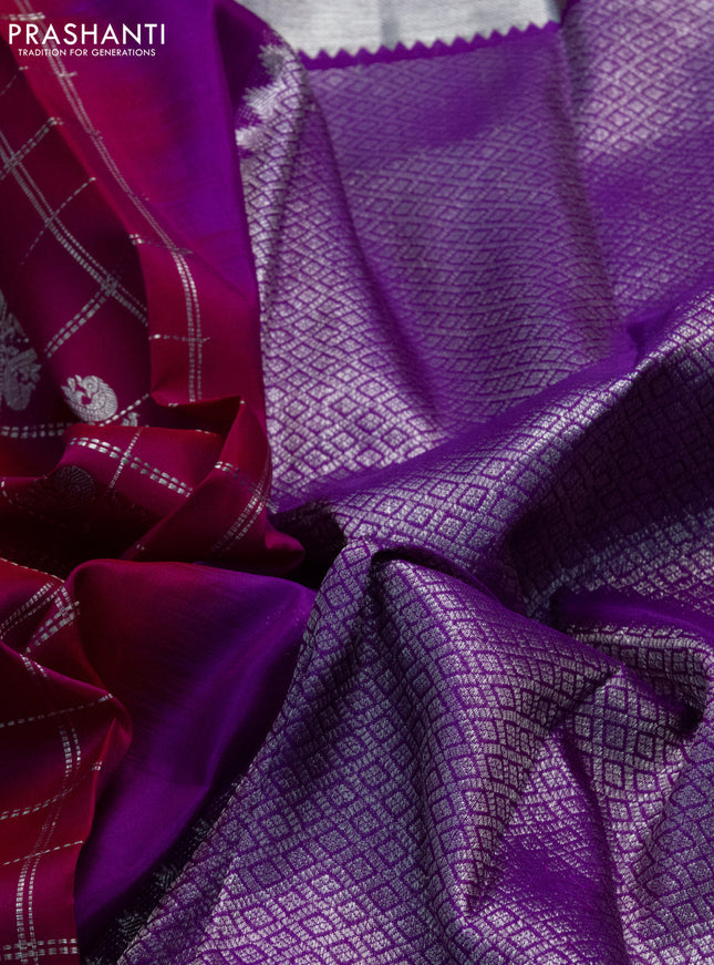 Venkatagiri silk saree magenat pink and purple with allover silver zari checks & buttas and long silver zari woven border
