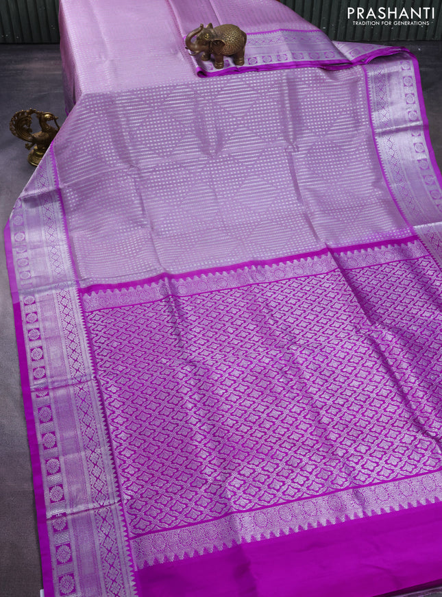 Venkatagiri silk saree pastel lavender and purple with allover silver weaves and rich silver zari woven border