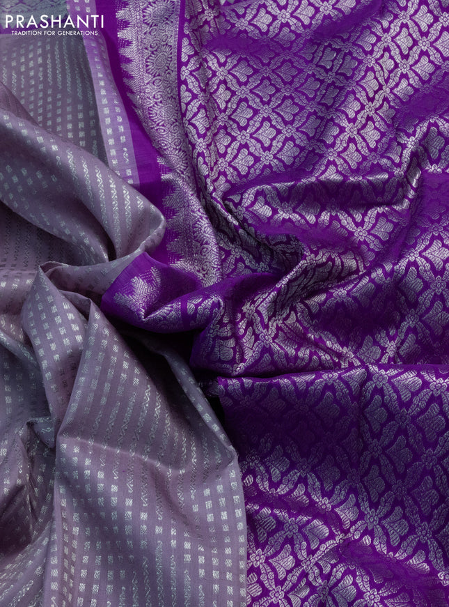Venkatagiri silk saree pastel lavender and purple with allover silver weaves and rich silver zari woven border