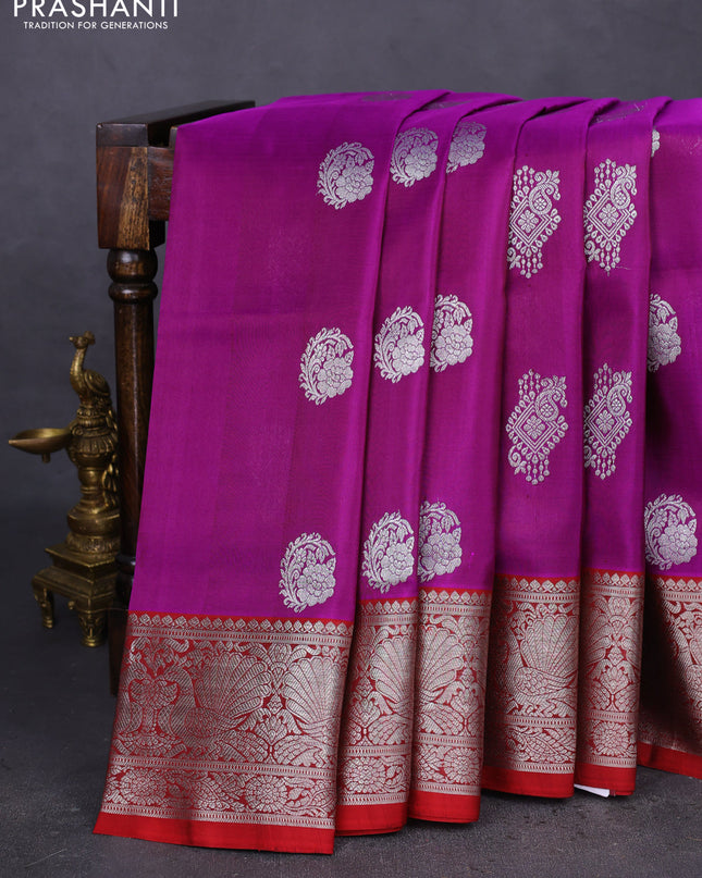 Venkatagiri silk saree purple and maroon with allover silver weaves and rich silver zari woven border