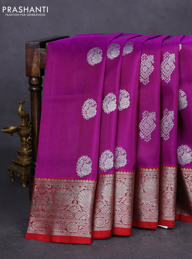 Venkatagiri silk saree purple and maroon with allover silver weaves and rich silver zari woven border