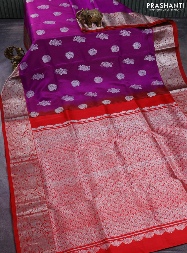 Venkatagiri silk saree purple and maroon with allover silver weaves and rich silver zari woven border