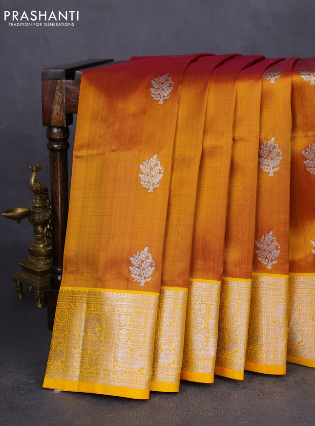 Venkatagiri silk saree dark mustard and yellow with silver zari woven buttas and rich silver zari woven border