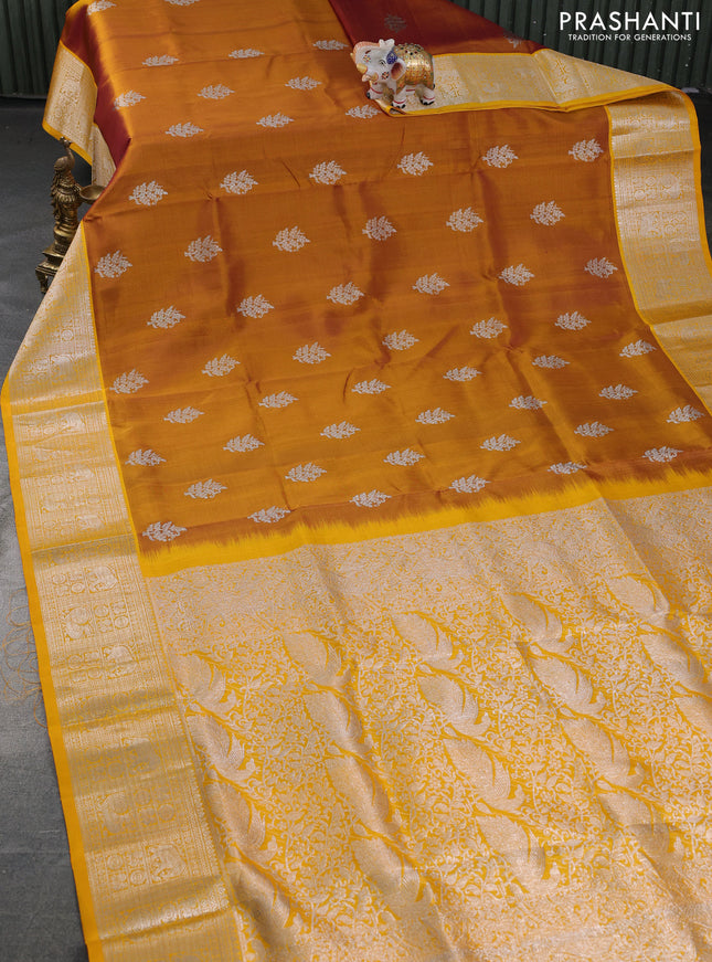 Venkatagiri silk saree dark mustard and yellow with silver zari woven buttas and rich silver zari woven border