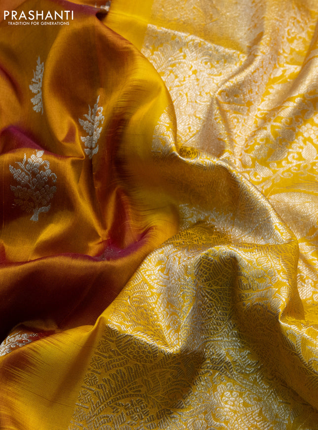 Venkatagiri silk saree dark mustard and yellow with silver zari woven buttas and rich silver zari woven border