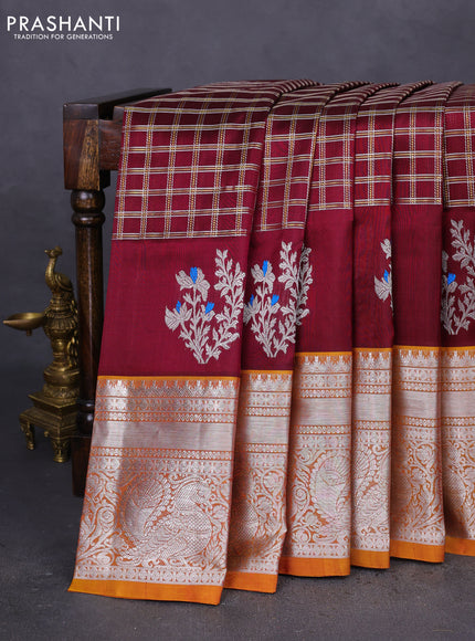 Venkatagiri silk saree deep maroon and dark mustard with allover silver & gold zari checked pattern and long annam silver zari woven border