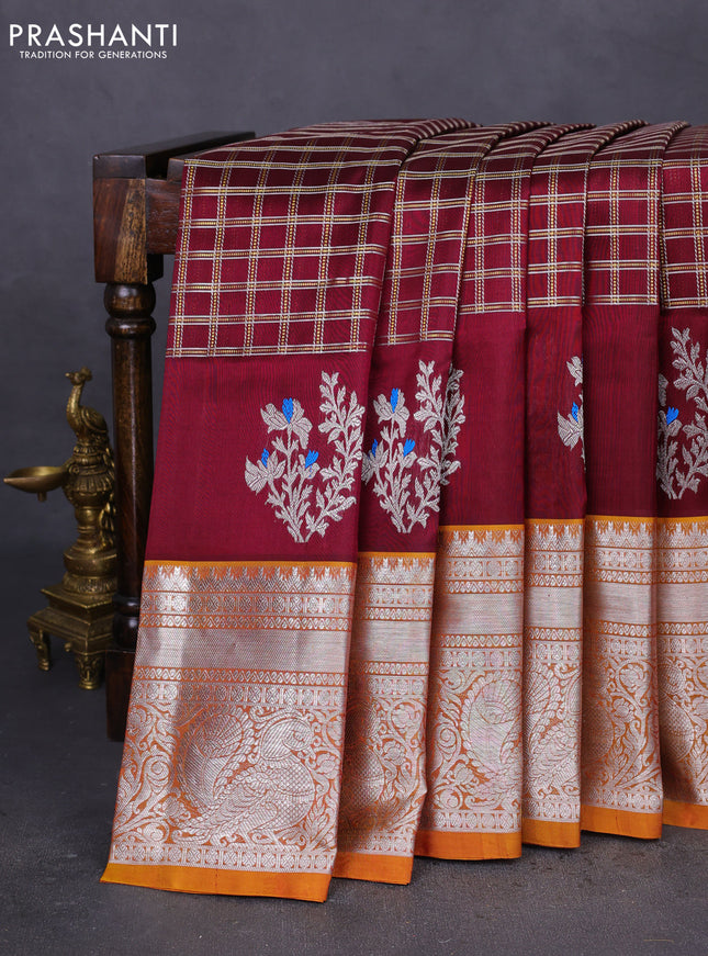 Venkatagiri silk saree deep maroon and dark mustard with allover silver & gold zari checked pattern and long annam silver zari woven border