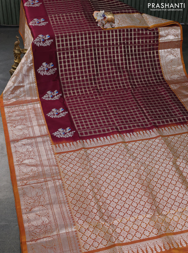 Venkatagiri silk saree deep maroon and dark mustard with allover silver & gold zari checked pattern and long annam silver zari woven border
