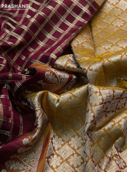 Venkatagiri silk saree deep maroon and dark mustard with allover silver & gold zari checked pattern and long annam silver zari woven border