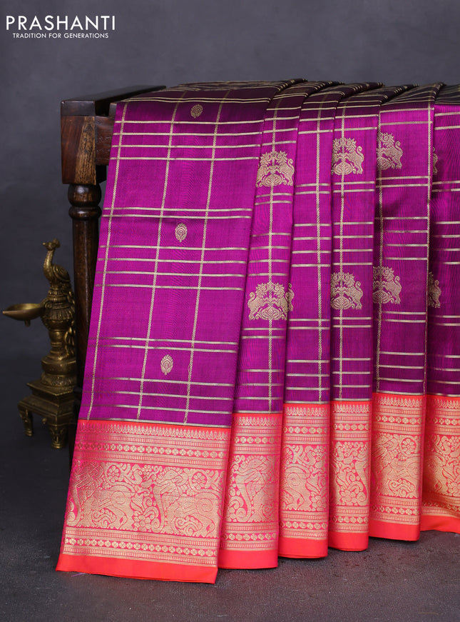 Venkatagiri silk saree purple and dual shade of pinkish orange with allover zari checks & buttas and rich zari woven border