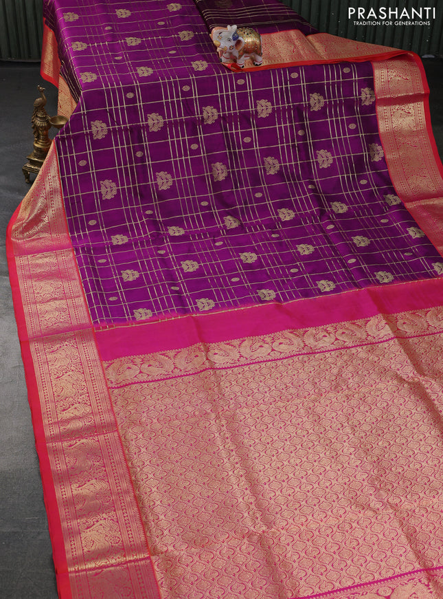 Venkatagiri silk saree purple and dual shade of pinkish orange with allover zari checks & buttas and rich zari woven border