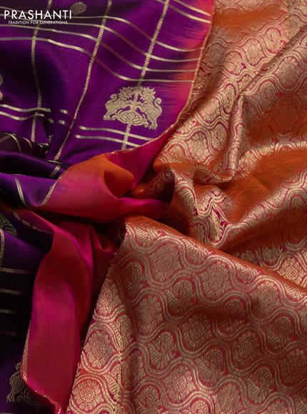 Venkatagiri silk saree purple and dual shade of pinkish orange with allover zari checks & buttas and rich zari woven border