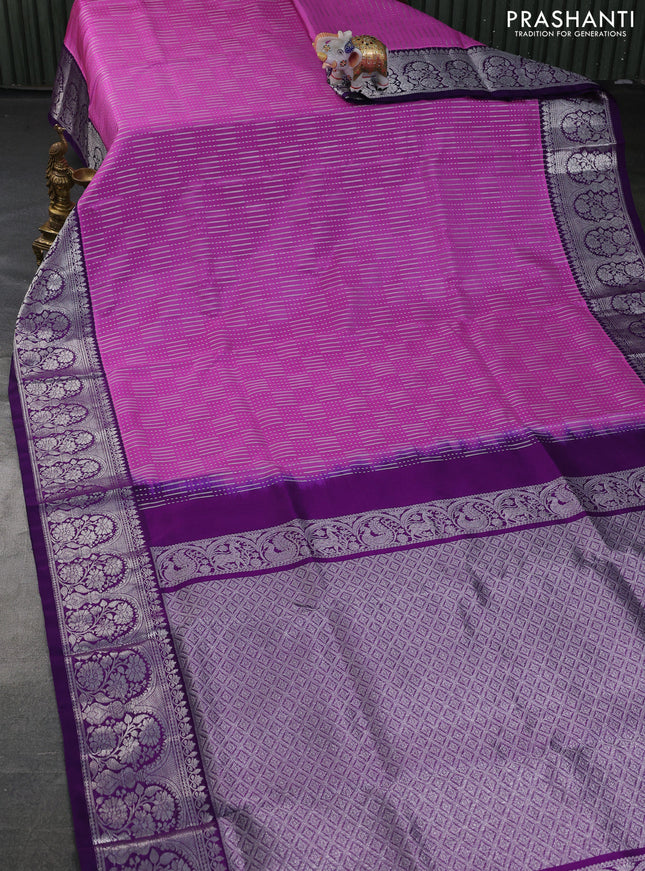 Venkatagiri silk saree pink and purple with allover silver zari weaves and floral silver zari woven border