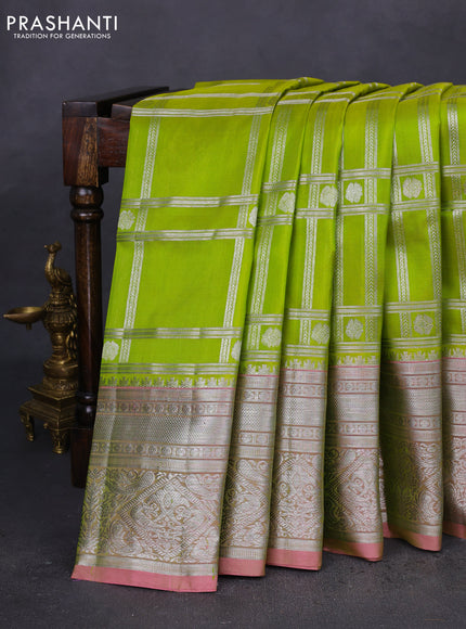 Venkatagiri silk saree lime gren and mild peach pink with allover silver zari checks & buttas and long silver zari woven border