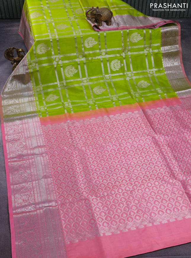 Venkatagiri silk saree lime gren and mild peach pink with allover silver zari checks & buttas and long silver zari woven border