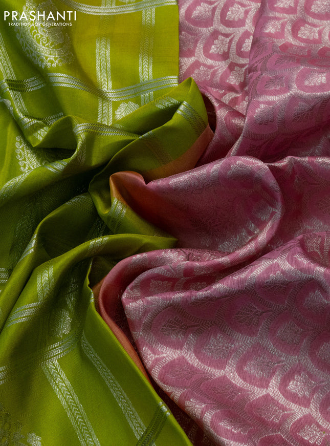 Venkatagiri silk saree lime gren and mild peach pink with allover silver zari checks & buttas and long silver zari woven border