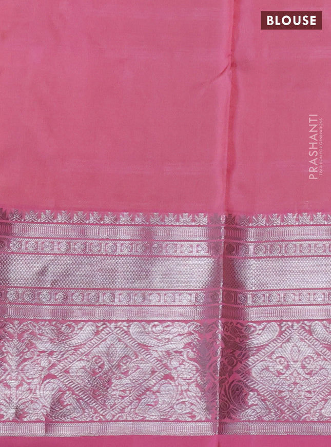 Venkatagiri silk saree lime gren and mild peach pink with allover silver zari checks & buttas and long silver zari woven border