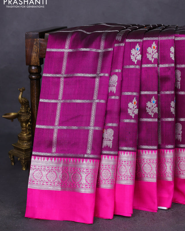 Venkatagiri silk saree purple and pink with allover silver zari checks & buttas and silver zari woven simple border