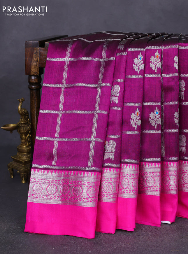 Venkatagiri silk saree purple and pink with allover silver zari checks & buttas and silver zari woven simple border