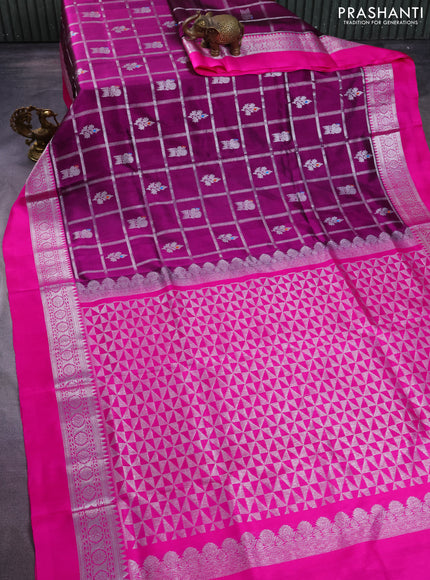 Venkatagiri silk saree purple and pink with allover silver zari checks & buttas and silver zari woven simple border