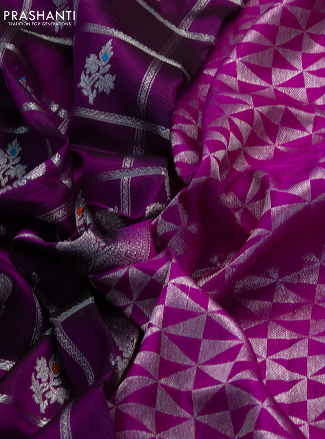 Venkatagiri silk saree purple and pink with allover silver zari checks & buttas and silver zari woven simple border