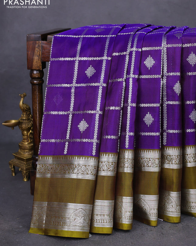 Venkatagiri silk saree blue and mehendi green with allover silver zari checks & buttas and rettapet silver zari woven border