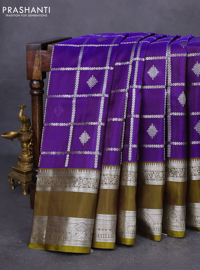 Venkatagiri silk saree blue and mehendi green with allover silver zari checks & buttas and rettapet silver zari woven border