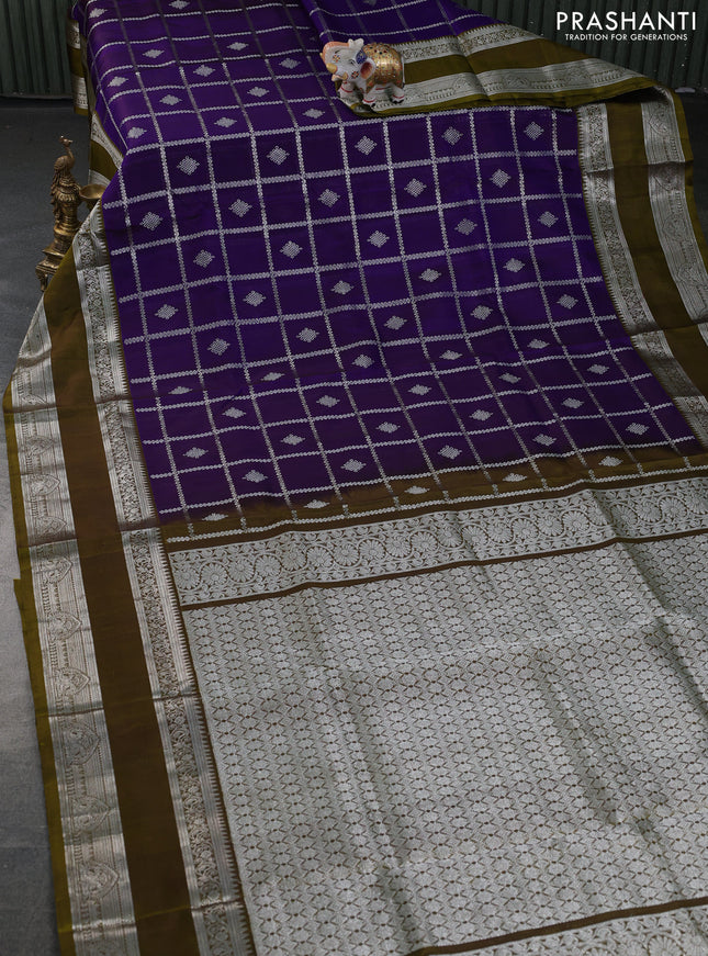 Venkatagiri silk saree blue and mehendi green with allover silver zari checks & buttas and rettapet silver zari woven border