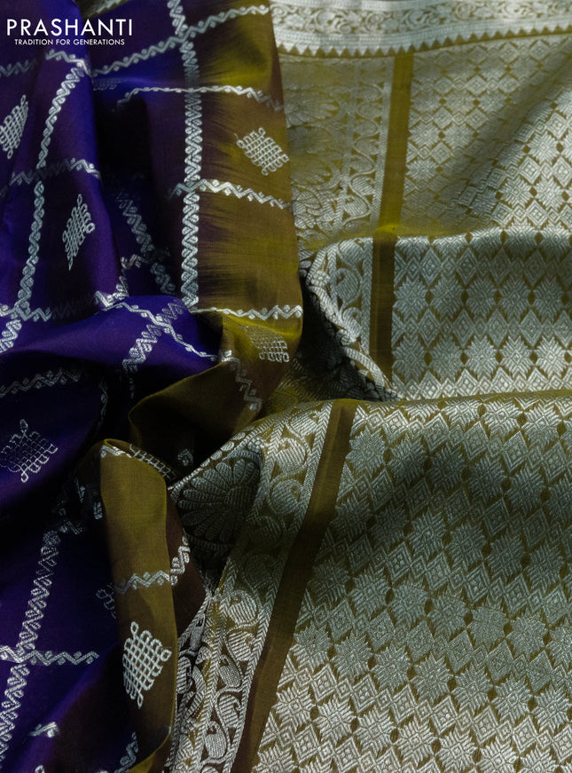 Venkatagiri silk saree blue and mehendi green with allover silver zari checks & buttas and rettapet silver zari woven border