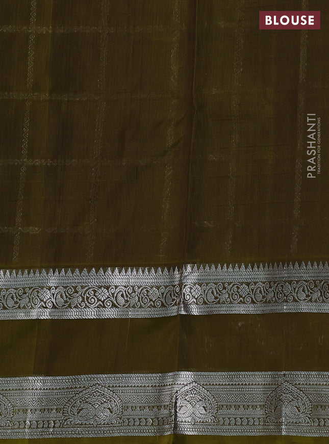 Venkatagiri silk saree blue and mehendi green with allover silver zari checks & buttas and rettapet silver zari woven border