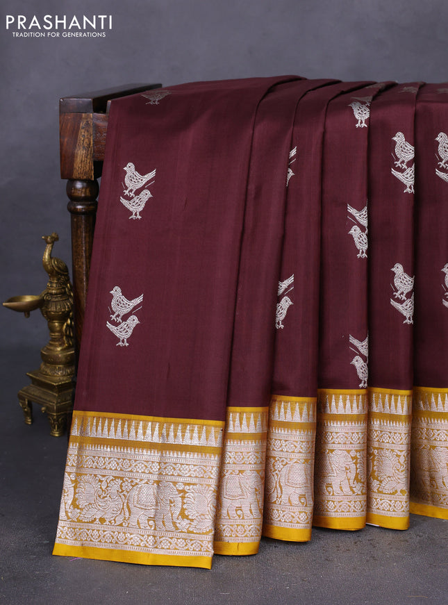Venkatagiri silk saree coffee brown and yellow with silver zari woven buttas and silver zari woven border