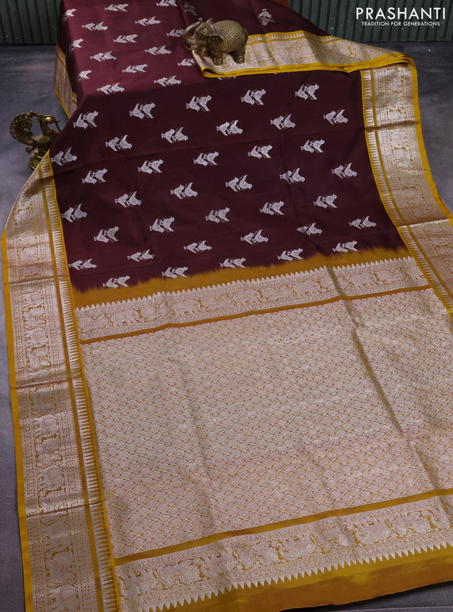 Venkatagiri silk saree coffee brown and yellow with silver zari woven buttas and silver zari woven border