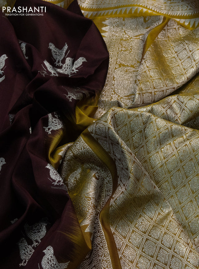 Venkatagiri silk saree coffee brown and yellow with silver zari woven buttas and silver zari woven border