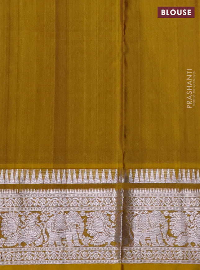 Venkatagiri silk saree coffee brown and yellow with silver zari woven buttas and silver zari woven border