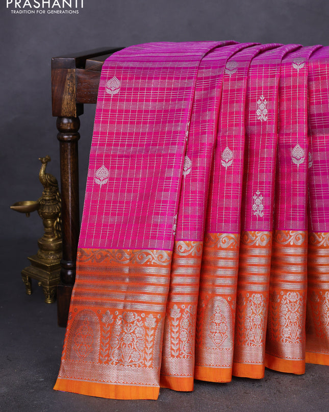Venkatagiri silk saree magenta pink and mustard yellow with allover silver zari checks & buttas and long silver zari woven border